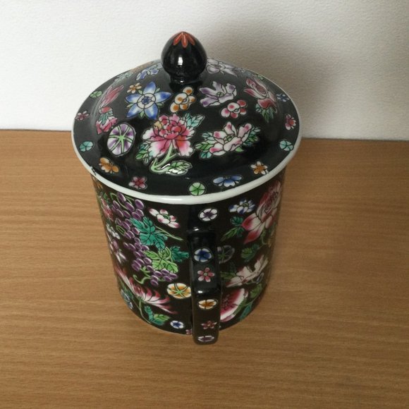 Vintage Chinese porcelain black Noire millefleur Tea Mug and 3 cups lot floral - Picture 3 of 6